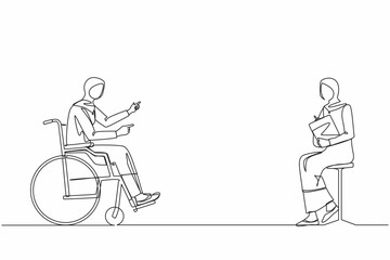 Poster - Single continuous line drawing disabled Arab woman at job interview in office. Person in wheelchair talking with employer. Job interview, workday, social help. One line draw design vector illustration