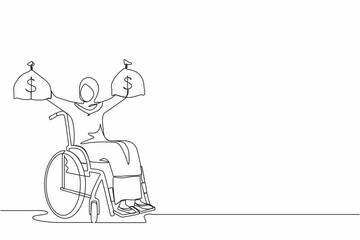 Poster - Continuous one line drawing Arab businesswoman holding dollar money bag. Disability insurance benefit payments for disabled wheelchair woman. Protection program. Single line draw design vector graphic