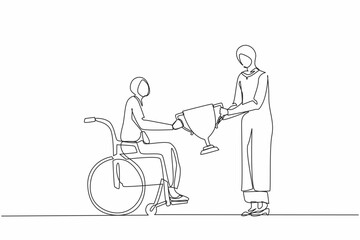 Poster - Single continuous line drawing disabled Arab woman on wheelchair accept winner trophy cup. Achievement and victory. Disability people success in sport and business. One line draw graphic design vector