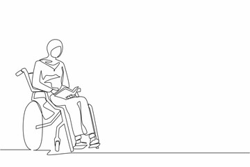 Poster - Continuous one line drawing young positive student disabled reads book while sitting in wheelchair. Disability Arabian woman studying in college. Single line draw design vector graphic illustration