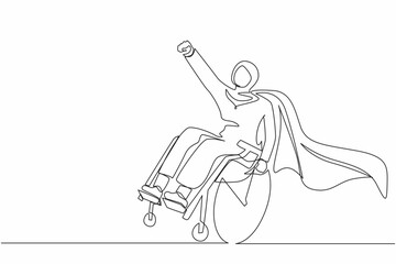 Poster - Single one line drawing disable Arabian woman sitting in wheelchair character concept. Superhero with disability, power of mind. Never give up. Continuous line draw design graphic vector illustration