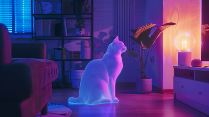 Poster - This digital projection of a cat floats softly, illuminating the cozy living room with ambient light.