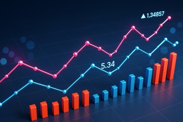 Poster - Colorful business graph with bar and line charts on dark background showing financial growth and data analytics concept in abstract light style.