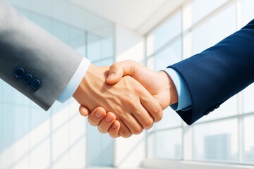 Aufkleber - Close-up of business handshake between professionals in suits with bright office background symbolizing partnership and corporate agreement concept.