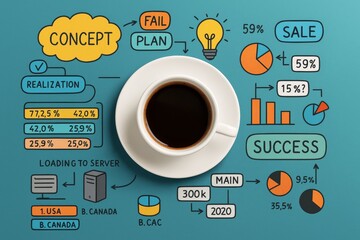 Poster - Coffee cup on colorful business concept infographic background with charts, graphs, and strategic planning elements arranged around it.