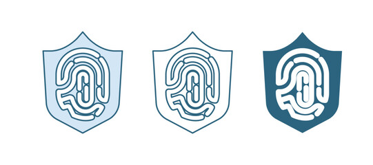 Poster - Blue Protection shield encoded fingerprint icon isolated on white background. ID app icon. Identification sign. Safety finger scan concept. Vector