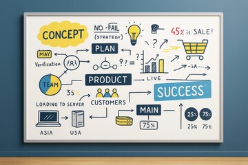 Poster - Business concept board featuring planning strategy, product development, and success metrics with colorful infographic sketches on light background.