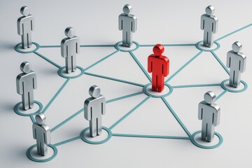 Poster - Leadership and team network concept with connected human figures on light background illustrating business communication and creative structure.