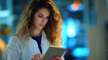 Poster - a happy woman wearing a lab coat interacts with a tablet in a brightly lit laboratory. she appears f