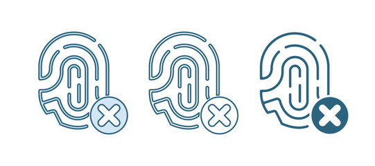 Poster - Blue Rejection fingerprint icon isolated on white background. Access denied for user concept. Error, fraud. Identification sign. Touch id. Vector