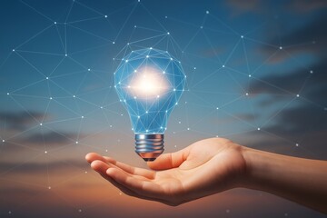 Poster - Hand holding glowing polygonal light bulb with digital connections, symbolizing innovation and creativity in business concept on tech background.