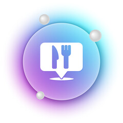 Poster - White Cafe and restaurant location icon isolated on white background. Fork and spoon eatery sign inside pinpoint. Blue and purple gradient circle background. Vector.