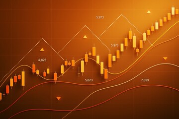 Poster - Orange financial stock chart with candlestick patterns and trend lines on gradient background illustrating market growth and data analysis concept.