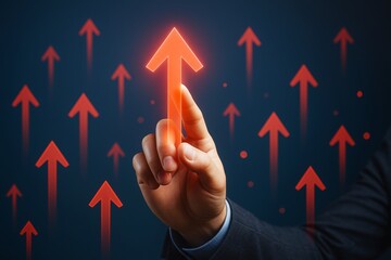 Aufkleber - Businessman touching glowing red upward arrow symbolizing growth and success on dark background with multiple arrows around. Ai generative.