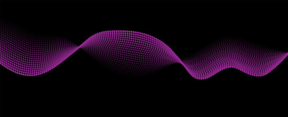 Poster - Flowing dots particles wave pattern purple isolated on black background. Vector in concept of technology, science, music, modern.