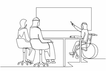 Poster - Single continuous line drawing disabled Arab businessman giving presentation to colleagues. Coworker listening to disability executive in wheelchair presenting in office. One line draw design vector