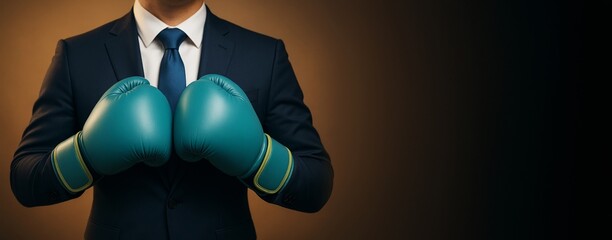 Poster - Businessman in suit wearing teal boxing gloves against gradient background, symbolizing competition or challenge with space for copy or design template.
