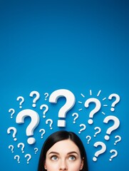Poster - Woman looking up at floating question marks on blue background with space for text or design concept for confusion or curiosity in business.