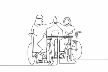 Poster - Continuous one line drawing two disabled Arab men give high five coworker. Office worker sitting in wheelchair joy. Colleague celebrating success. Good job sign. Single line design vector illustration