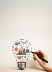 Poster - Creative hand drawing business idea symbols inside light bulb concept on clean background with copy space for innovation, design, and promotion.