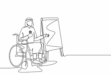 Poster - Single continuous line drawing Arabian businessman on wheelchair using microphone, presentation infographics on flip chart at weekly office report meeting. One line graphic design vector illustration