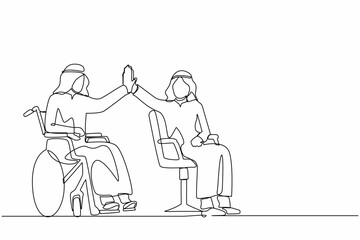 Poster - Single one line drawing happy disabled Arabian man give high five coworker. Office worker sitting in wheelchair joy. Colleague celebrating success. Good job sign. Continuous line design graphic vector
