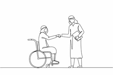 Poster - Single continuous line drawing disabled Arabian businessman in wheelchair shaking hand with business partner. Disability manager dialogue with business colleague. One line draw graphic design vector