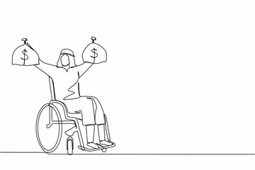 Poster - Continuous one line drawing Arabian businessman holding dollar money bag. Disability insurance benefit payments for disabled wheelchair man. Protection program. Single line design vector illustration