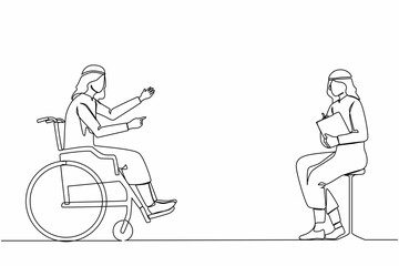 Poster - Continuous one line drawing disabled Arab man at job interview in office. Person in wheelchair talking with employer. Job interview, workday, social help. Single line draw design vector illustration