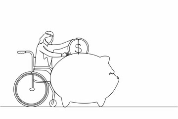 Poster - single one line drawing happy disabled arabian man saving money. person in wheelchair holding piggy 