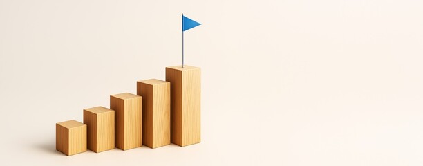 Poster - Wooden bar chart with blue flag on tallest block symbolizing business success, on light background with copy space for poster or banner design.