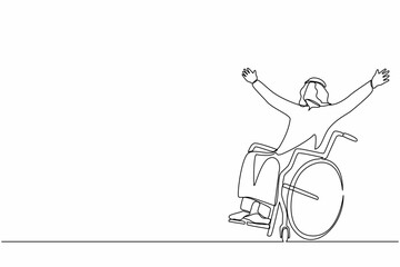 Poster - Single continuous line drawing Arabian man sitting in wheelchair, raising hands in happiness, rehabilitation concept. Happy young man in wheelchair. One line draw graphic design vector illustration