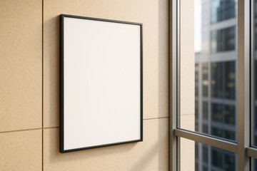 Aufkleber - Blank poster frame on beige wall with city view through office window, ideal for business advertisement, branding or design mockup presentation.