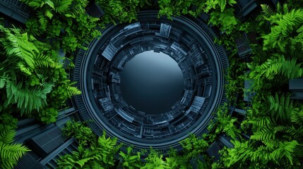 Poster - A circular view of futuristic technology surrounded by lush green ferns, blending nature with advanced architecture.