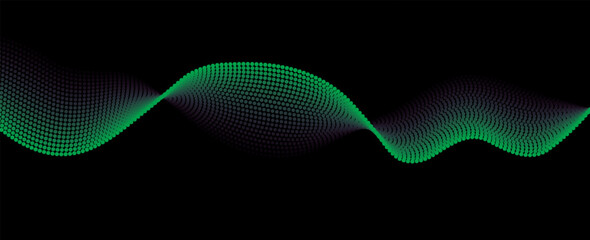 Poster - Flowing dots particles wave pattern green isolated on black background. Vector in concept of technology, science, music, modern.