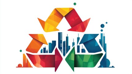 Poster - A colorful geometric recycling symbol overlays a stylized city skyline, representing urban sustainability and environmental awareness.