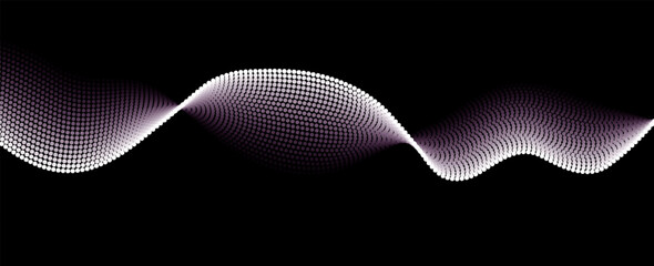Poster - Flowing dots particles wave pattern withe isolated on black background. Vector in concept of technology, science, music, modern.