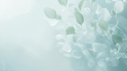 Poster - ソフトグリーンの葉と水滴を持つ繊細な植物の背景 穏やかなグラデーションと輝きのあるマクロ写真 水面の背景に植物が描かれた静かでミニマルな構図