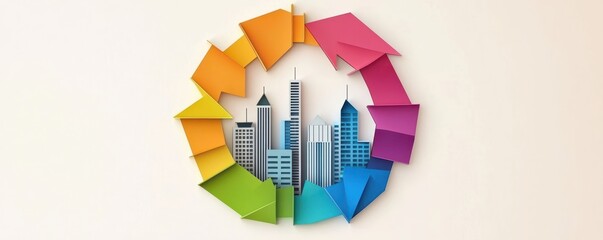 Poster - A colorful circular arrow surrounds a city skyline, symbolizing urban sustainability and renewal.