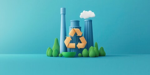 Poster - Illustration of factories with a recycling symbol, green trees, and a cloud, representing eco-friendly industry and sustainability.