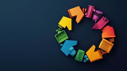 Poster - A colorful circular arrangement of arrows and buildings symbolizes the concept of recycling, sustainability, and the circular economy on a dark background.