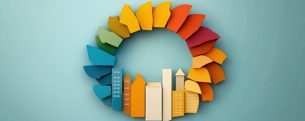 Poster - A circular arrangement of colorful buildings and leaves symbolizes harmony between urban life and nature on a blue background.