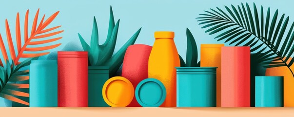 Poster - Brightly colored containers and tropical leaves arranged in a modern, vibrant composition against a light blue background.