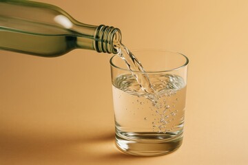 Poster - Pouring clear drink from green bottle into glass on warm light background, minimalistic and creative visual concept of hydration and refreshment.