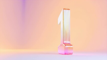 Poster - ピンクとオレンジの背景に浮かぶ抽象的なガラスの数字1のクローズアップ