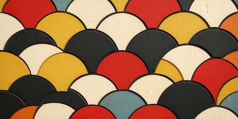 Poster - Colorful overlapping semi-circles create a vibrant, geometric pattern in red, yellow, black, and cream tones.