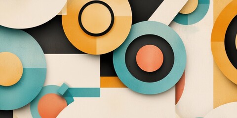 Poster - Abstract geometric pattern featuring colorful circles and shapes in orange, blue, and black tones, creating a modern, layered visual effect.