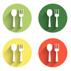 Poster - Set Fork and spoon icon isolated with long shadow background. Cooking utensil. Cutlery sign. Color circle button. Vector