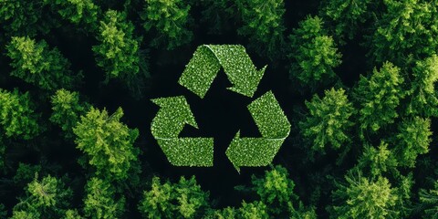 Poster - Aerial view of dense green forest with a leafy recycle symbol in the center, promoting environmental sustainability.