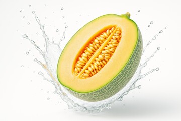 Poster - Fresh ripe melon half splashing in water with seeds exposed on a clean white background, emphasizing freshness and summer fruit concept.